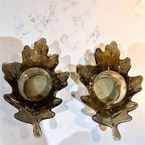 Rare-Find Vintage Leaf-Shaped Glass Candle Holders - Dark Brown Green